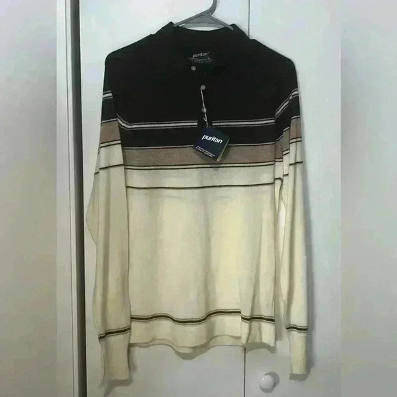 Puritan Vintage Mens Grandpa Brown Cream Long Sleeve Polo Sweater Sz Medium NWT - Picture 1 of 11